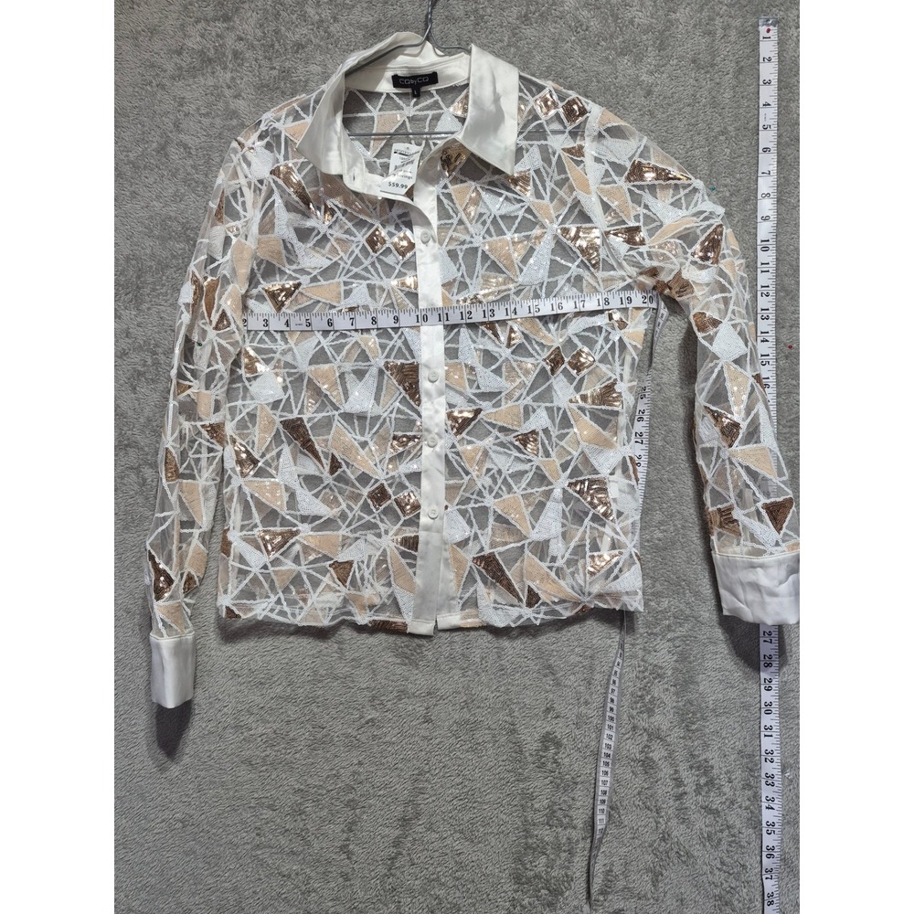 Coby CQ Womens White Gold Sequin Geometric Mesh Button Down Shirt NWT Large - Picture 5 of 6